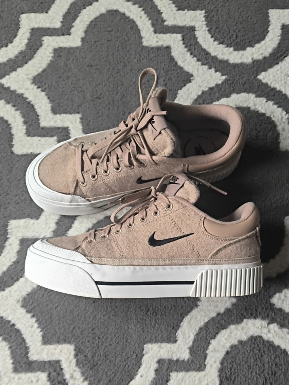Women's Nike Courtyard Platform Sneakers in Light Tan with Black Swoosh